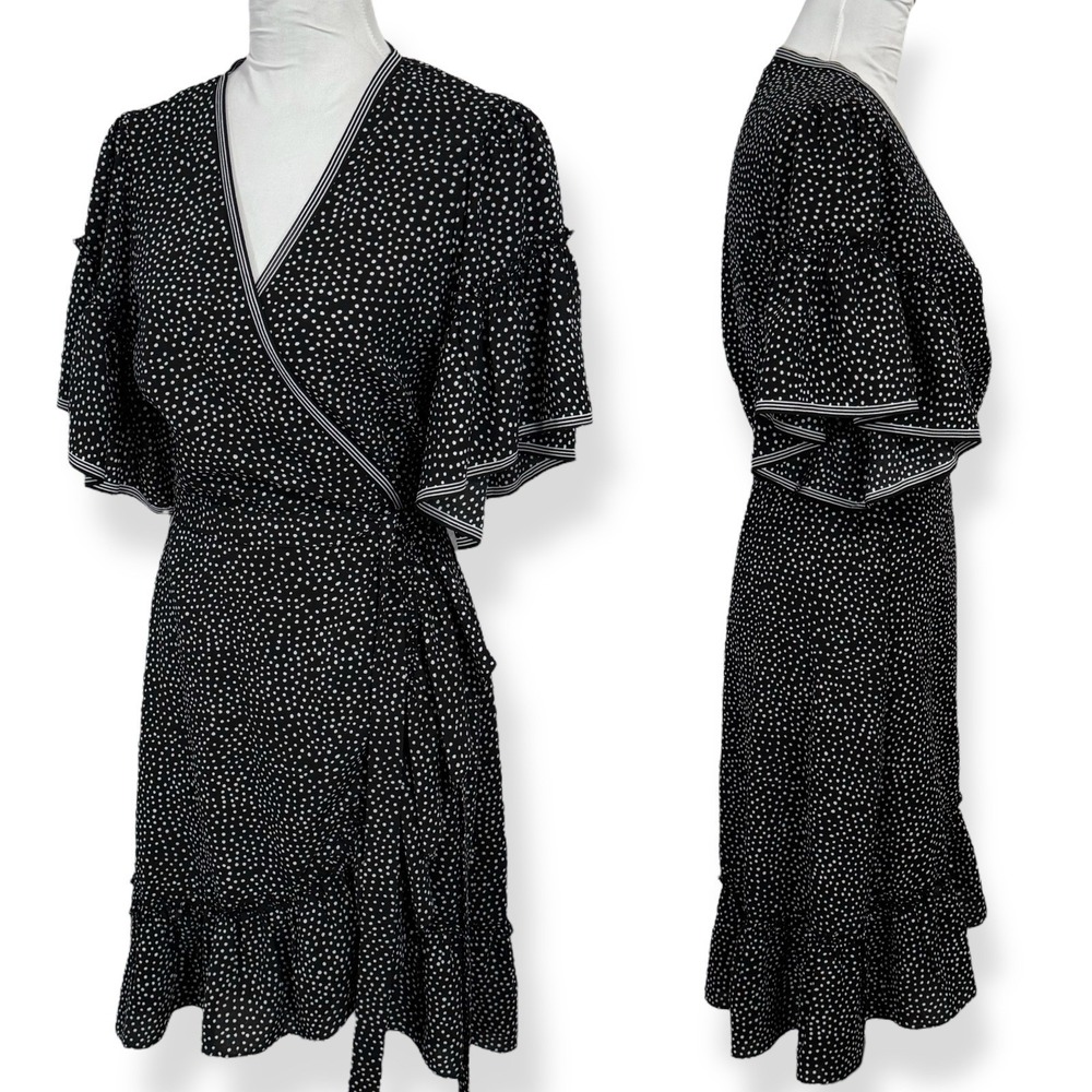 Max Studio True Wrap Dress Size S Black & White Polka Dot Ruffle Sleeve V Neck - Picture 3 of 16